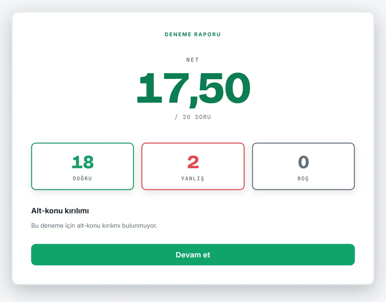 Deneme raporu ekranı — net, doğru/yanlış/boş kırılımı