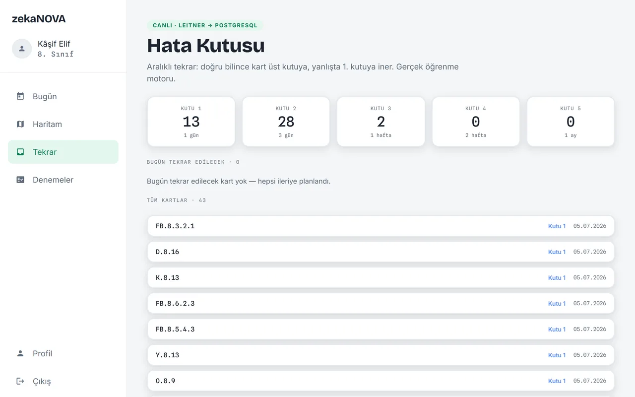 Hata Kutusu ekranı — aralıklı tekrar kutuları