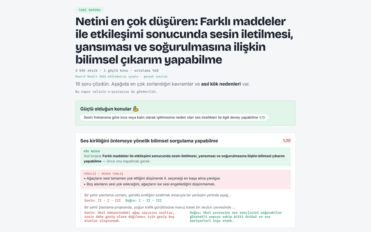 Tanı raporu ekranı — kök neden ve yanılgı analizi
